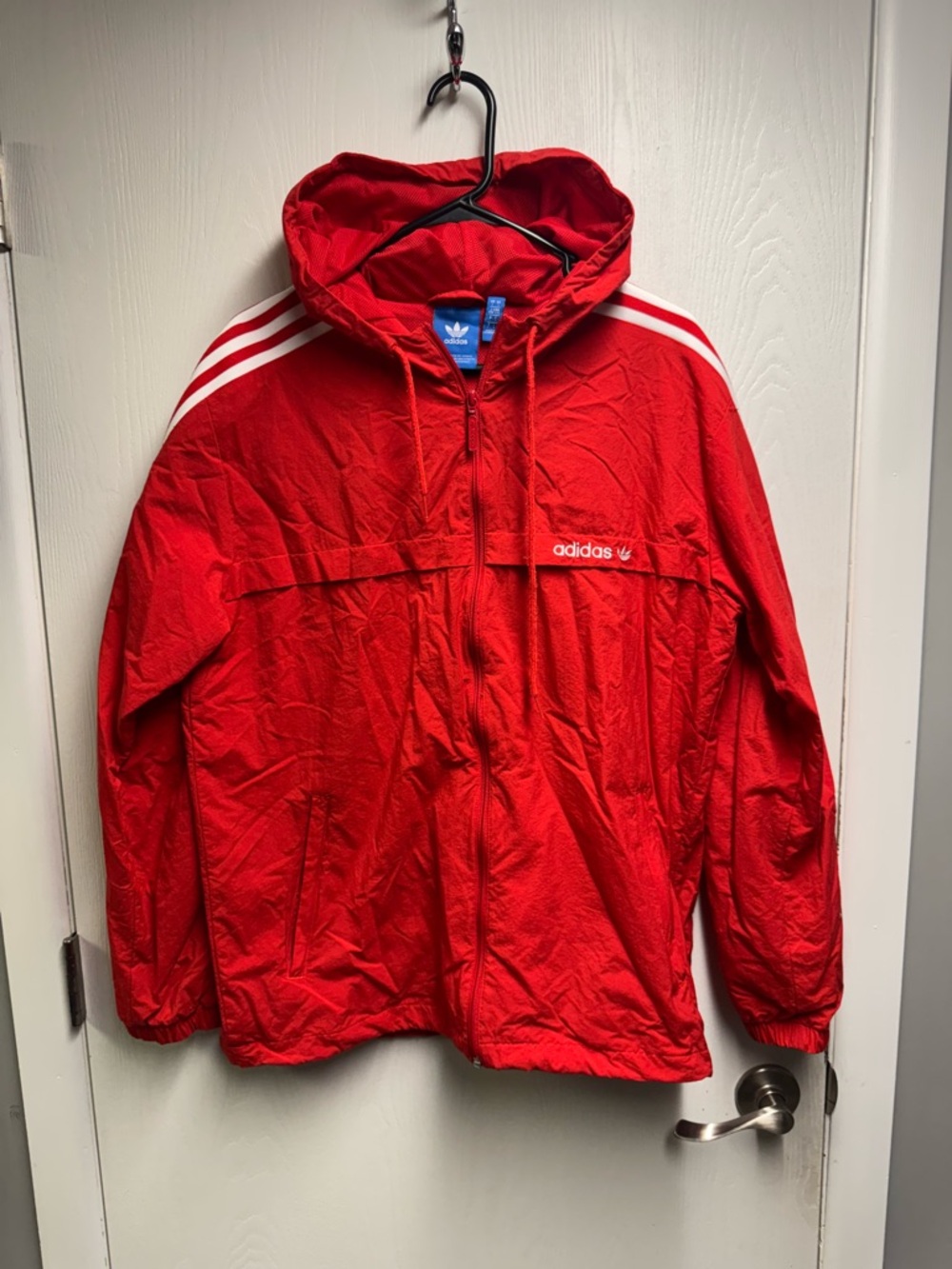 adidas Red Hooded Windbreaker with White Stripes